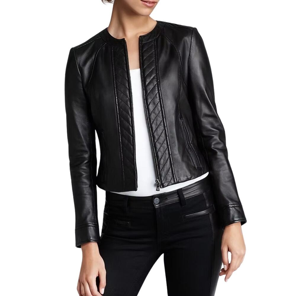 Tory Burch Leather Jacket Daphne Lambskin Leather Black‎ Moto Jacket Size 6